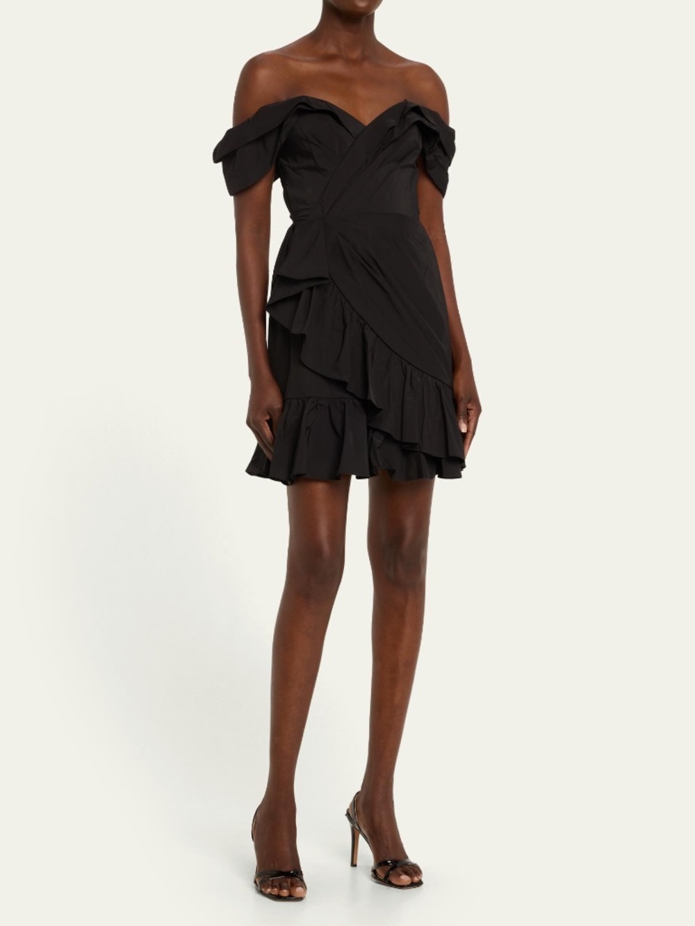 Marchesa Notte Off-Shoulder Ruffle Taffeta Mini Dress